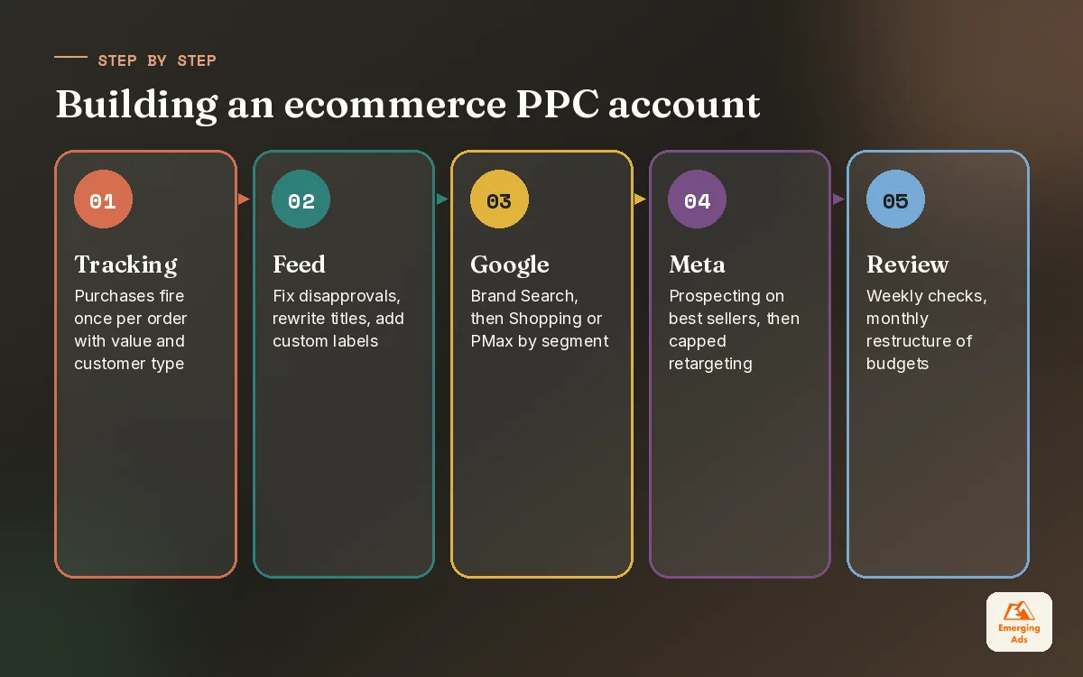 Five step process for building an ecommerce PPC account from tracking and feed through to Meta prospecting and review