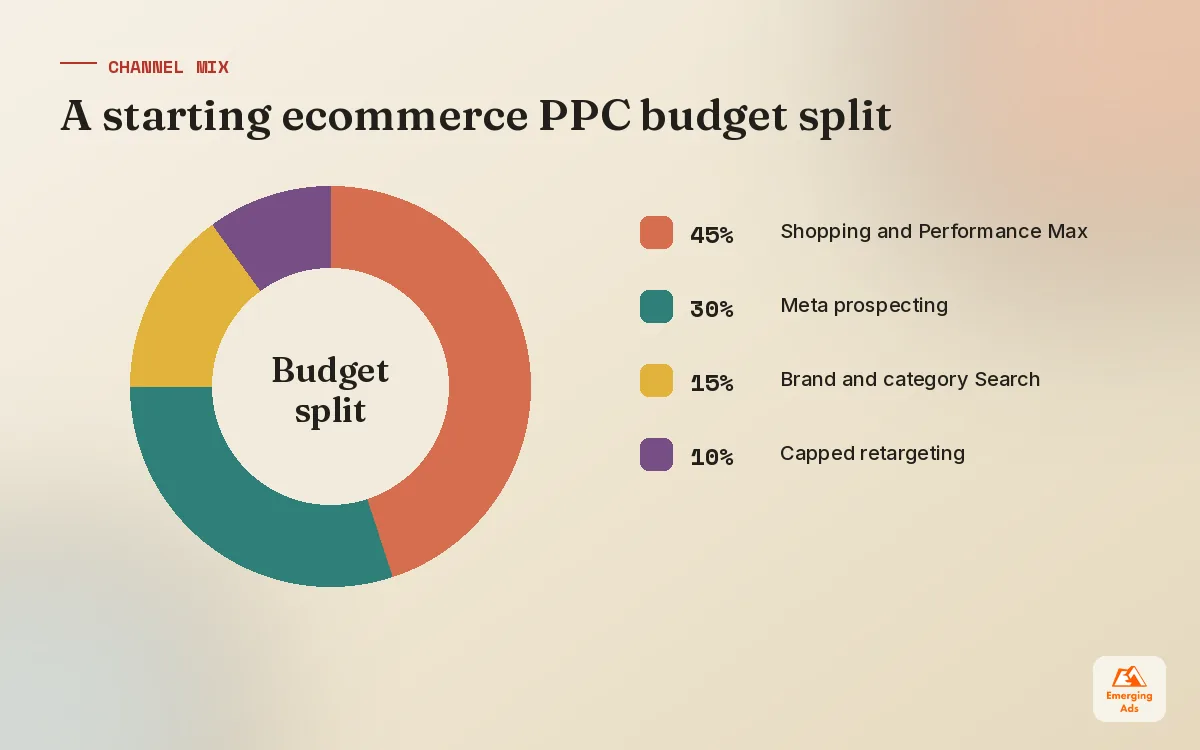 Donut chart of an illustrative ecommerce PPC budget split across Google Shopping and PMax, Search, Meta prospecting and retargeting
