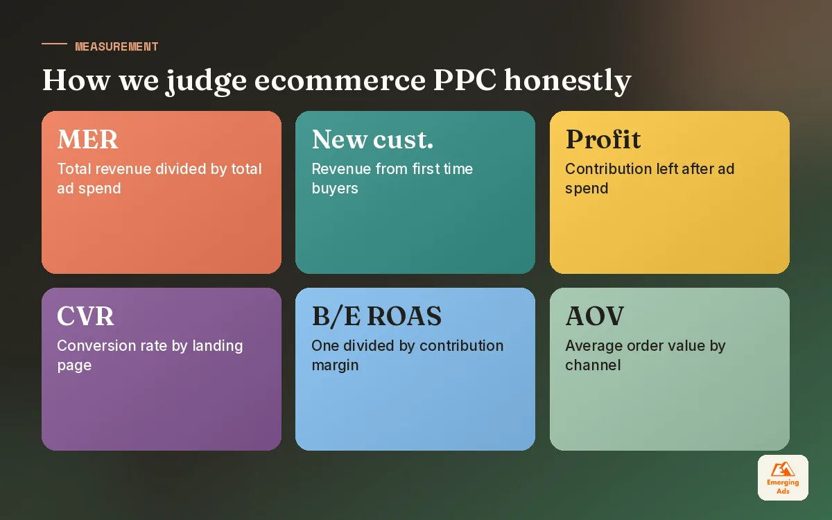 Tiles showing the metrics we use to judge ecommerce PPC honestly, including MER, new customer revenue and contribution