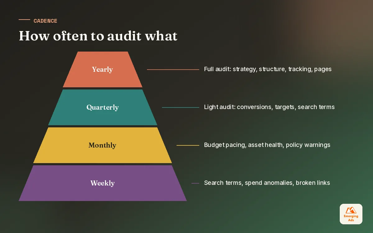 Pyramid showing how often each level of Google Ads audit should happen