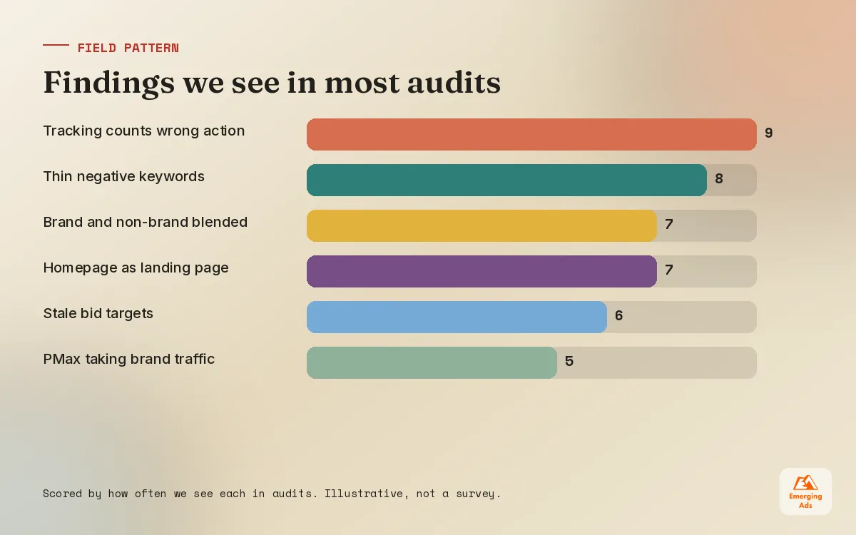 Bar chart ranking the most common findings in Google Ads audits
