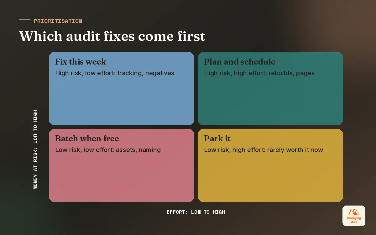 Priority matrix plotting Google Ads audit fixes by money at risk and effort