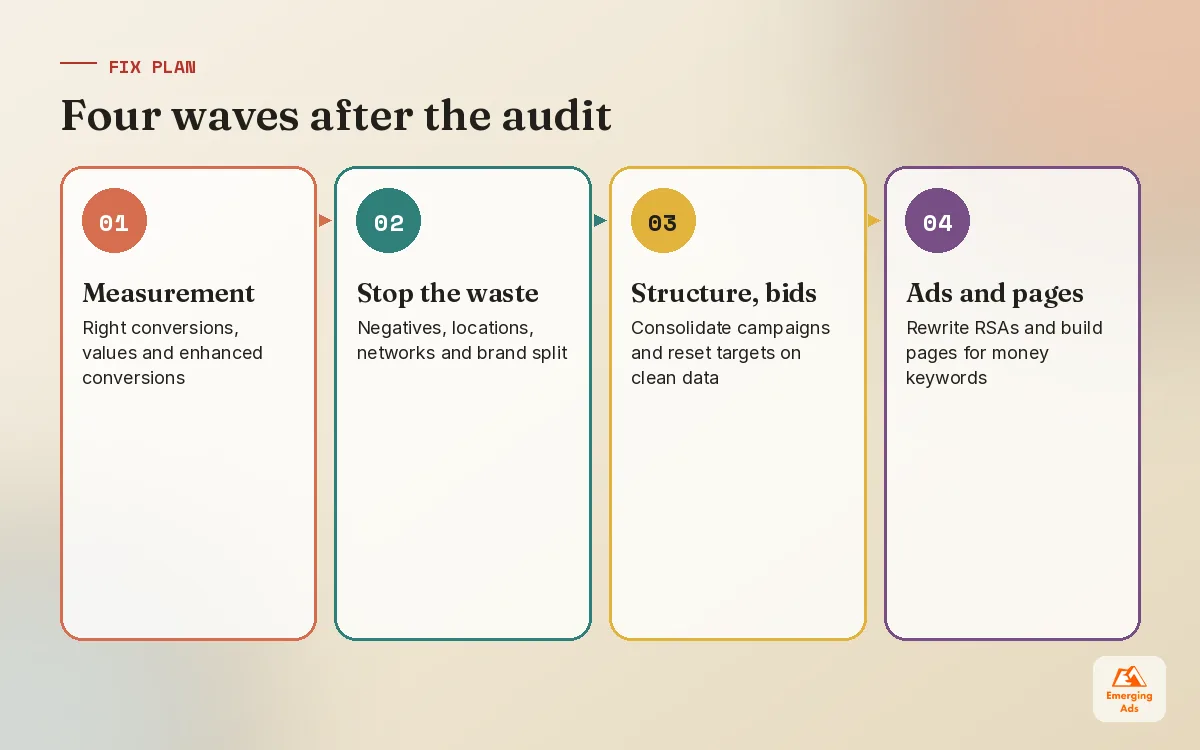 Four step timeline of Google Ads audit fix waves from measurement to landing pages