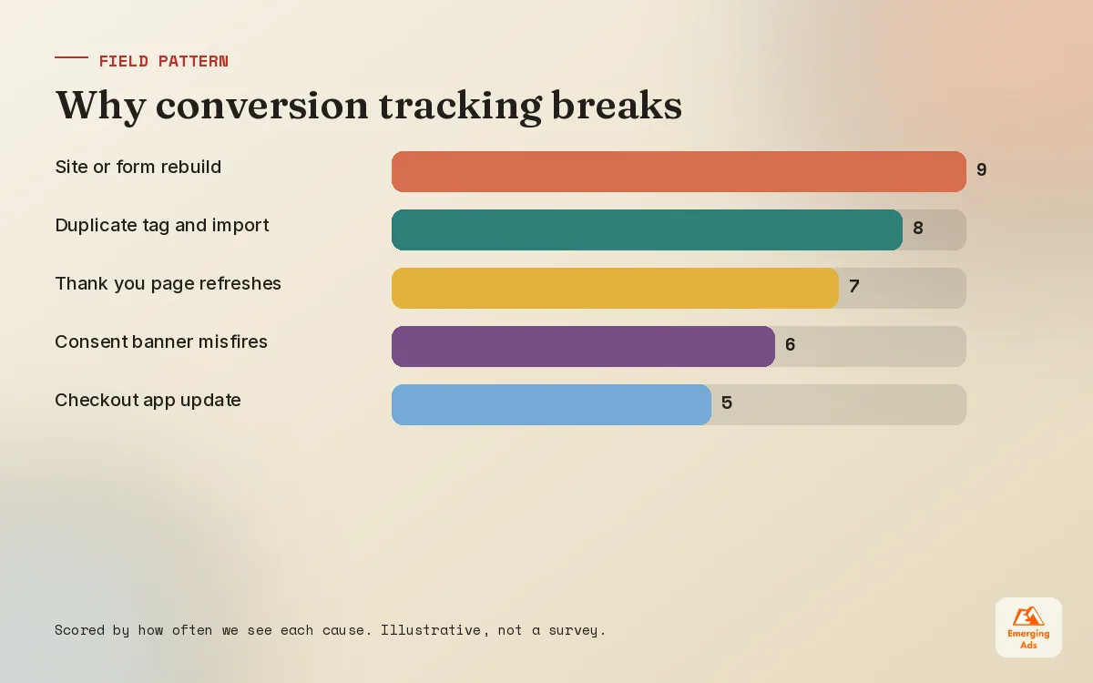 Bar chart of the most common reasons Google Ads conversion tracking breaks