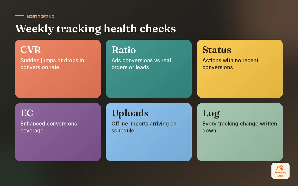 Tiles showing the weekly health checks for Google Ads conversion tracking