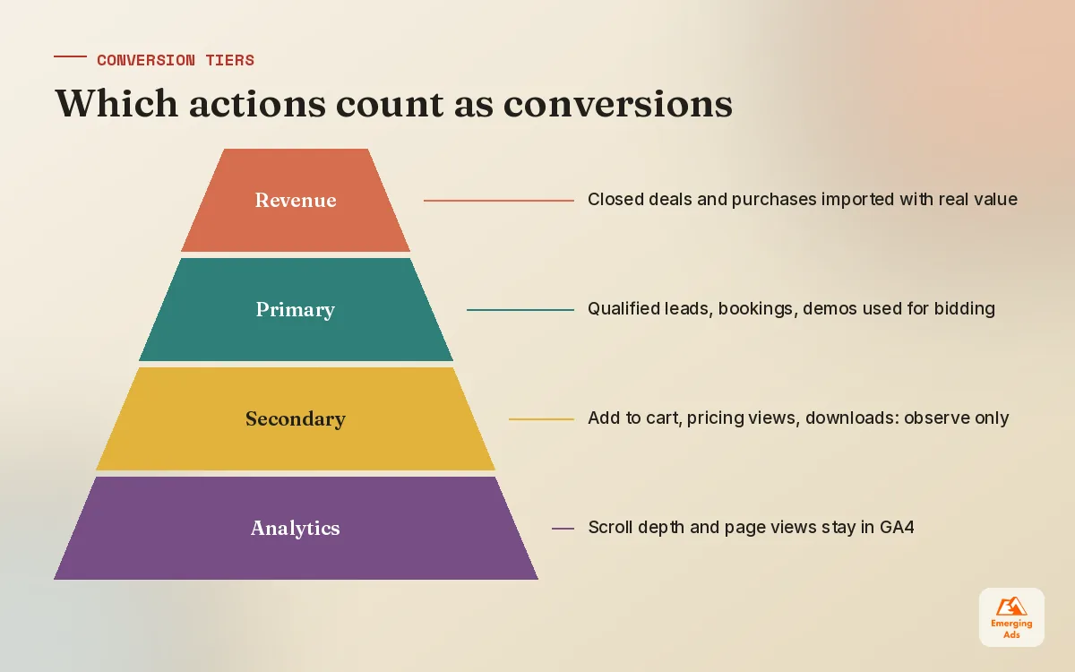 Pyramid showing which actions to track as primary, secondary or analytics only in Google Ads