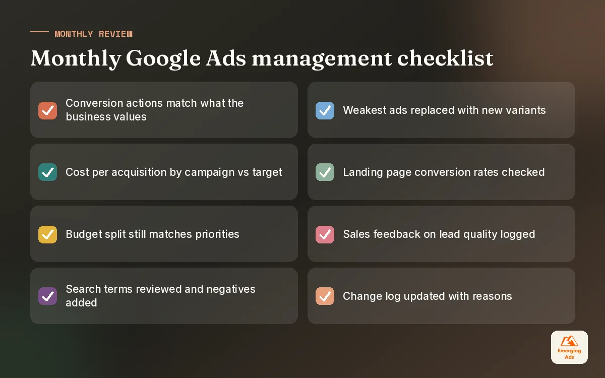 Checklist of monthly Google Ads account management tasks
