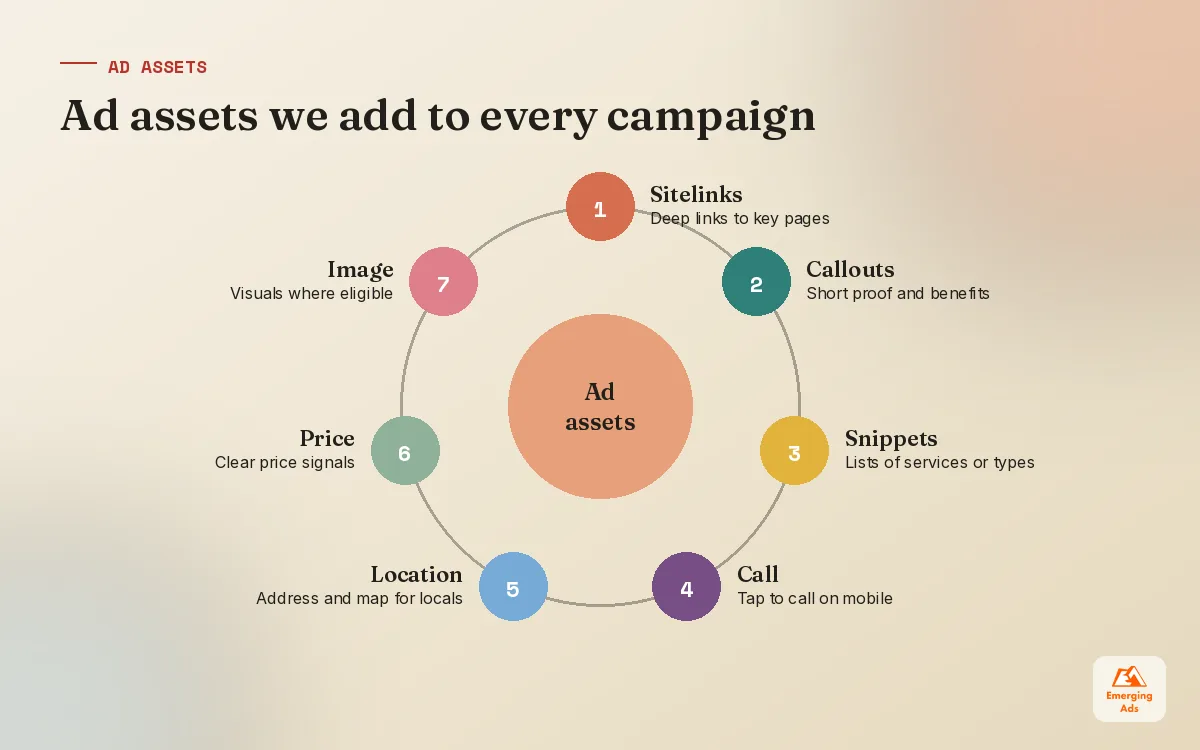 Wheel diagram of the ad assets we add to Google Search ads campaigns