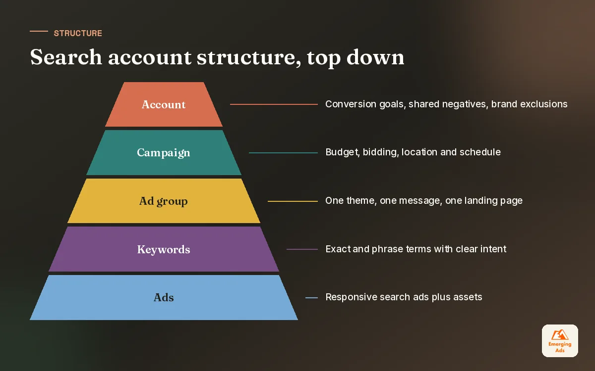 Pyramid showing Google Search ads account structure from account settings down to keywords and ads