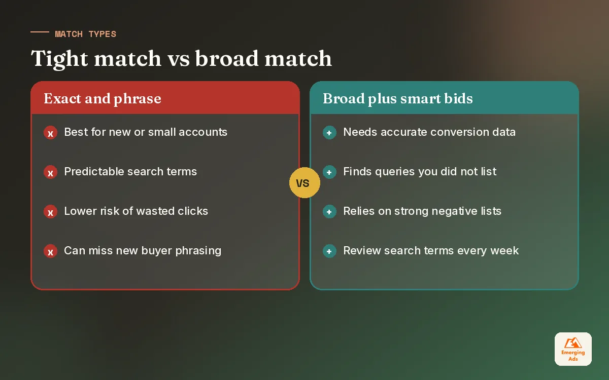 Comparison of a tight exact and phrase match approach against a broad match with smart bidding approach in Google Search ads