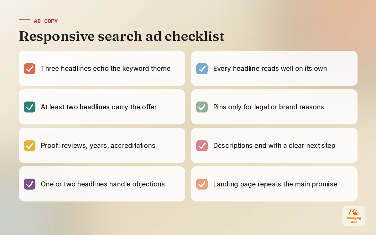 Checklist for writing responsive search ads for Google Search ads campaigns