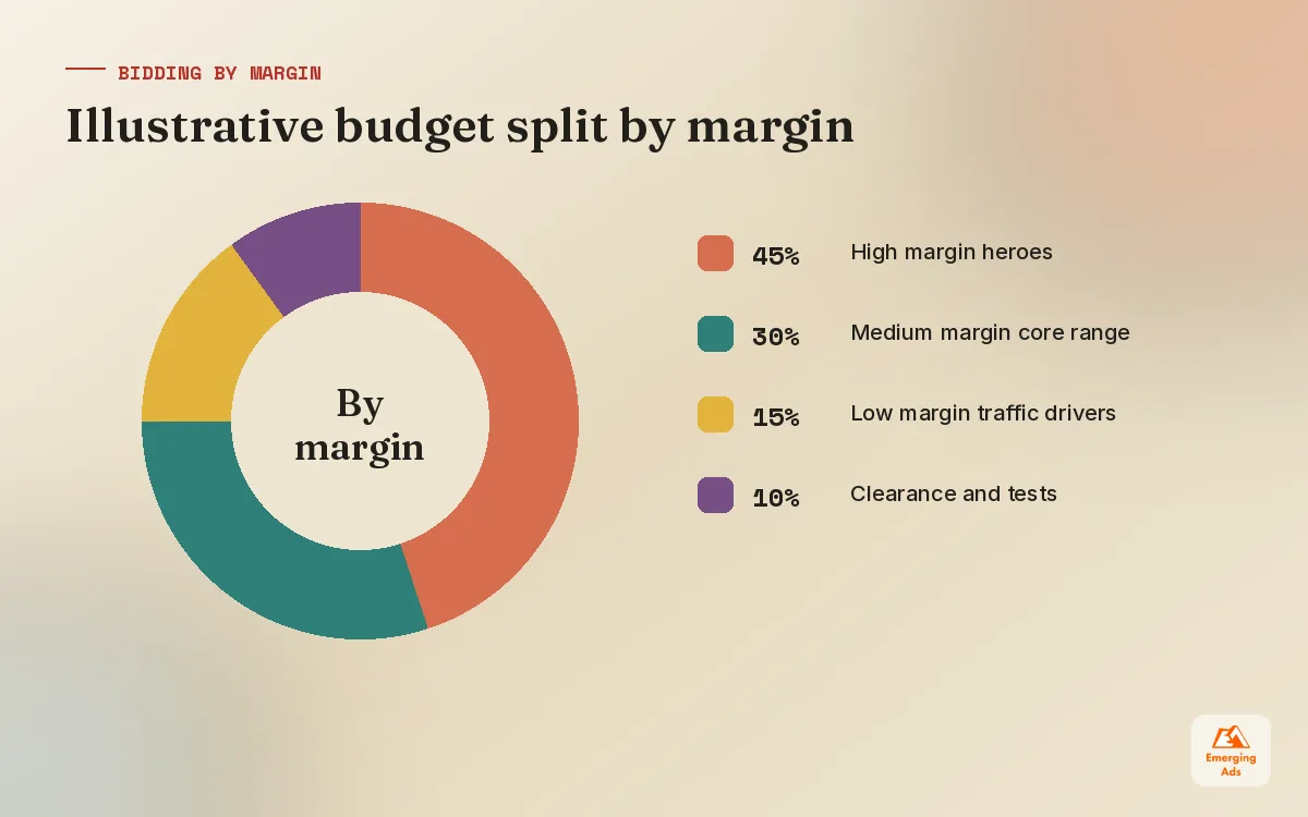 Donut chart showing an illustrative Google Shopping ads budget split by product margin band