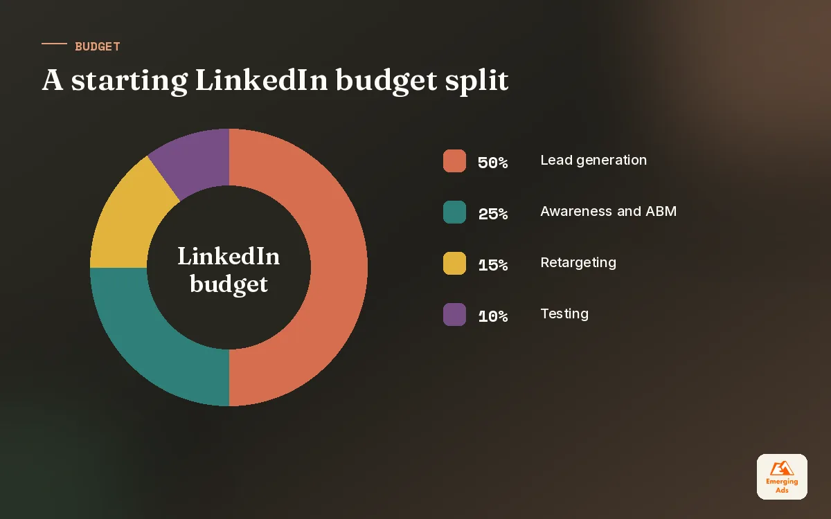 Donut chart showing an illustrative LinkedIn ads budget split across awareness, lead generation, retargeting and testing