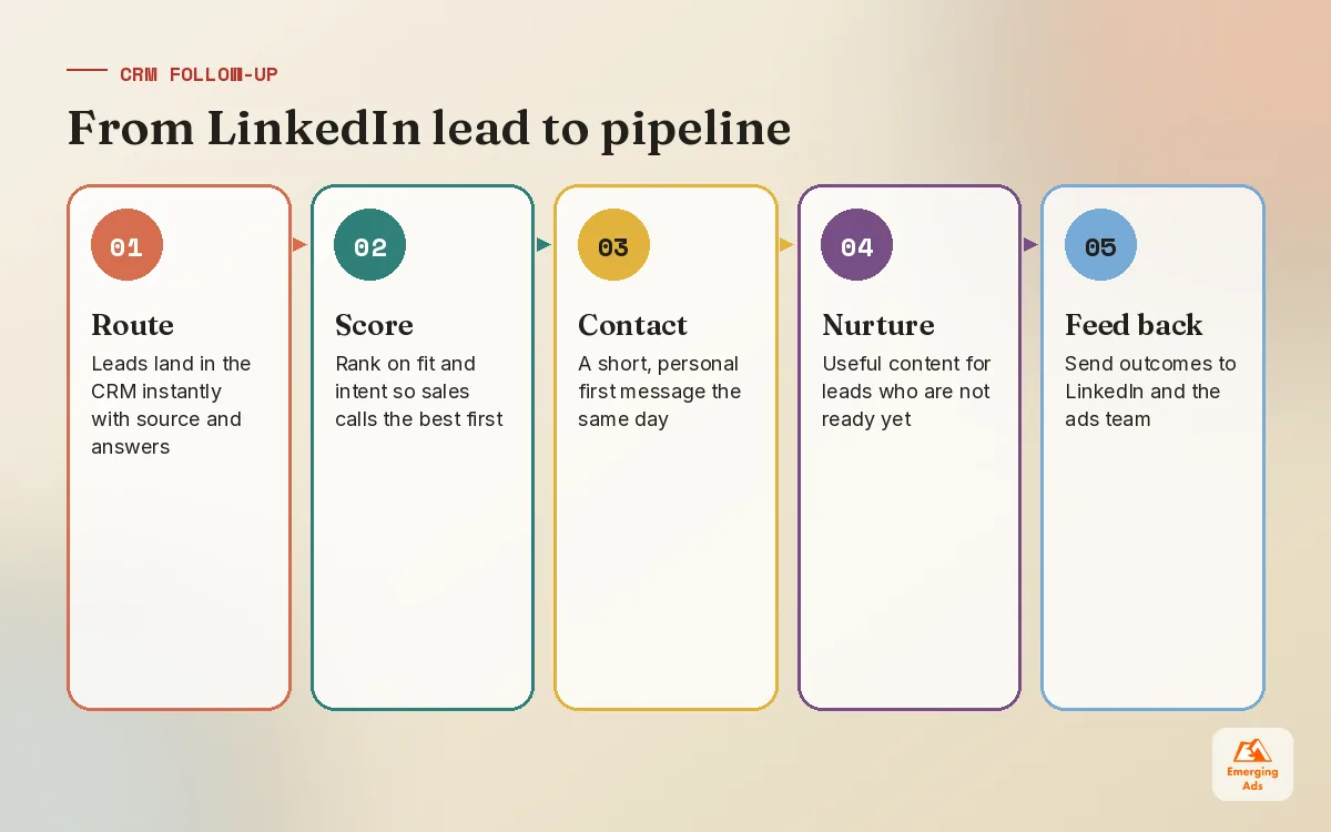Steps showing how a LinkedIn lead moves from form submission to CRM, scoring, follow-up, nurture and feedback