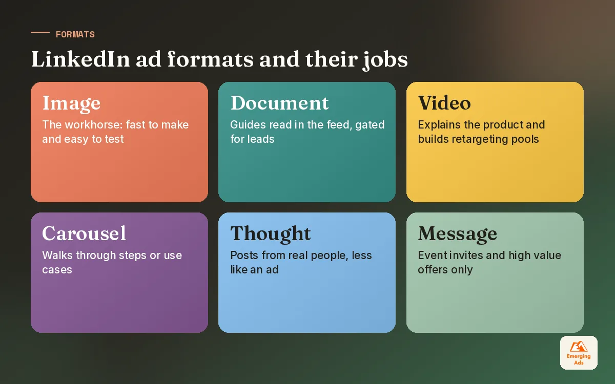 Tiles comparing the main LinkedIn ad formats and what each one is best used for in B2B campaigns