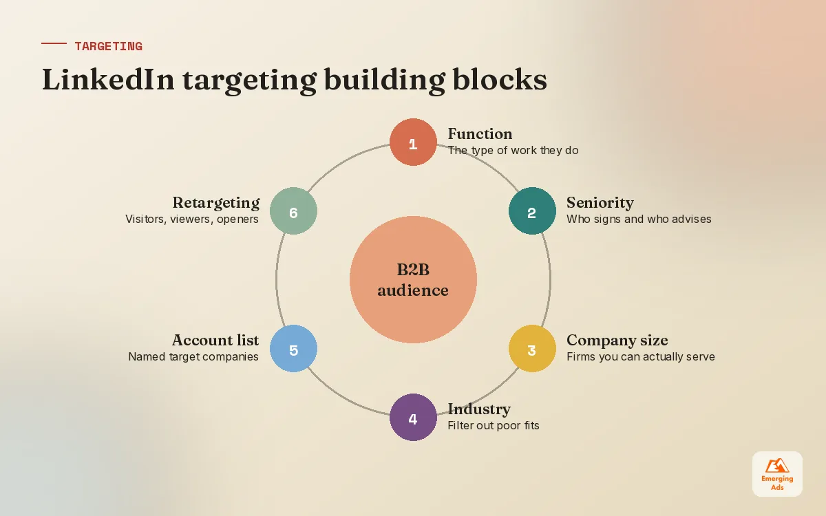 Wheel diagram of LinkedIn ads targeting building blocks including job function, seniority, company lists and retargeting