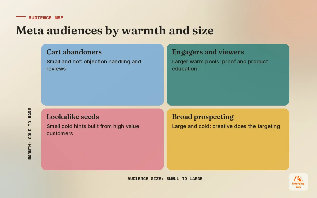 Matrix mapping Meta audience types by warmth and audience size, from broad prospecting to cart abandoners