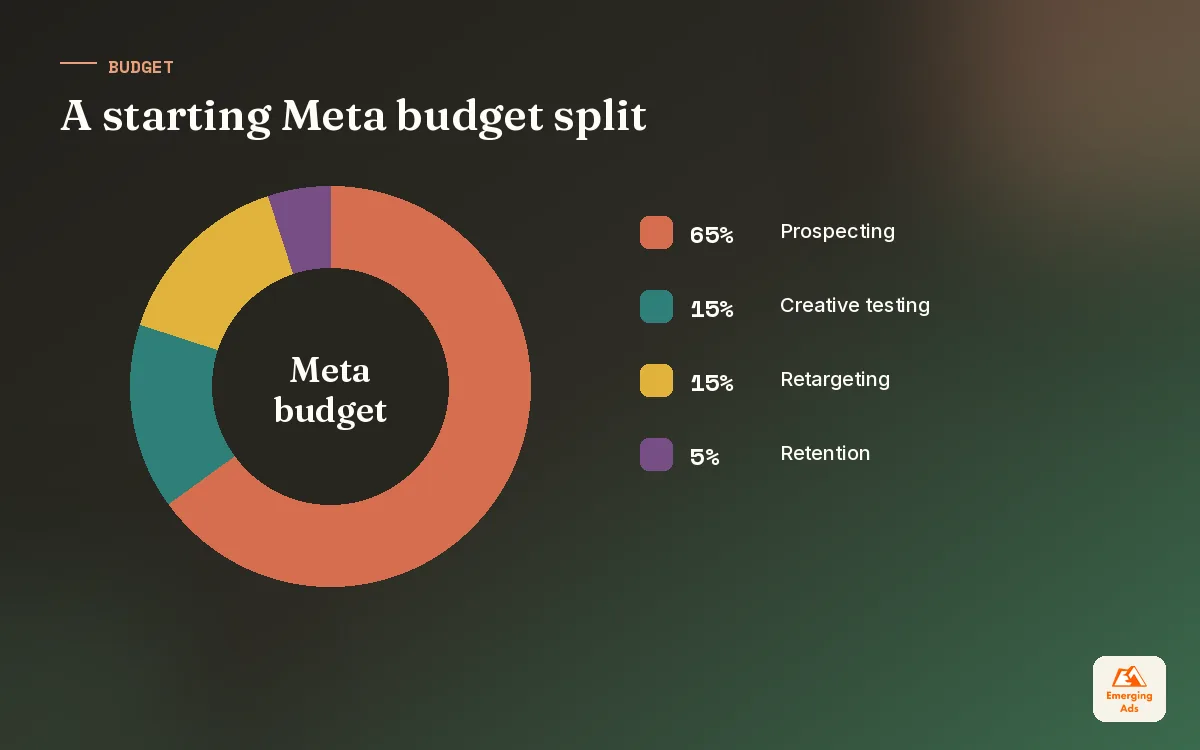 Donut chart showing an illustrative Meta ads budget split across prospecting, testing, retargeting and retention