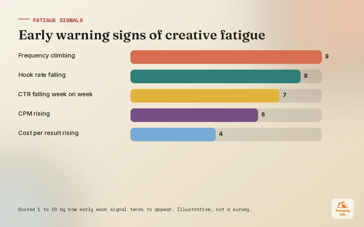 Bar chart ranking the creative fatigue signals we watch in Meta ads accounts, led by rising frequency