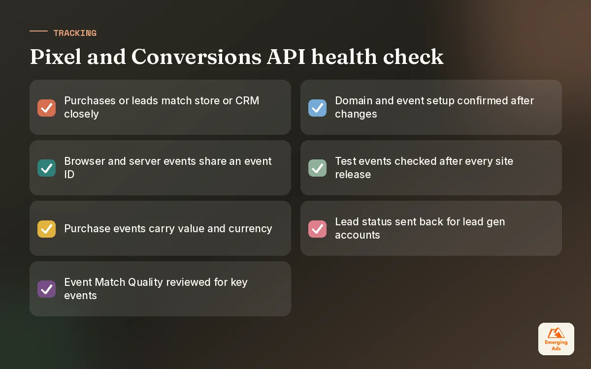 Checklist for Meta pixel and Conversions API health including deduplication, event values and match quality
