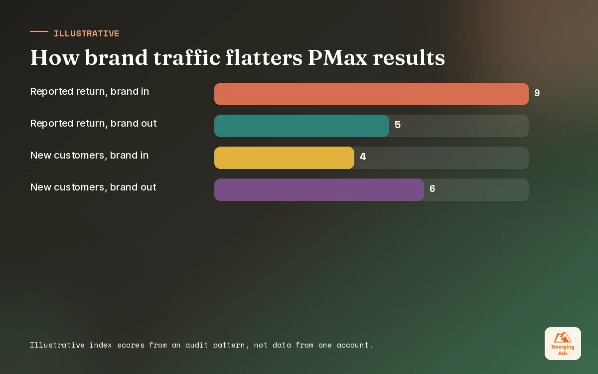 Bar chart comparing Performance Max results with and without brand search traffic