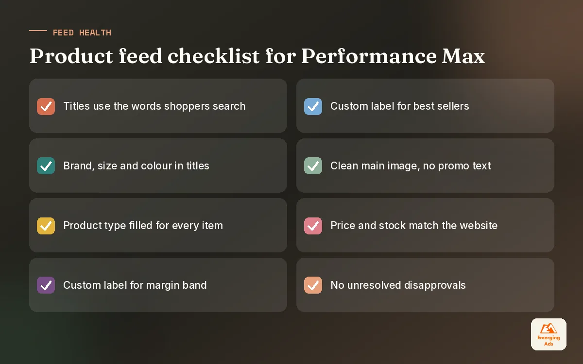 Checklist of product feed fixes that improve Performance Max results