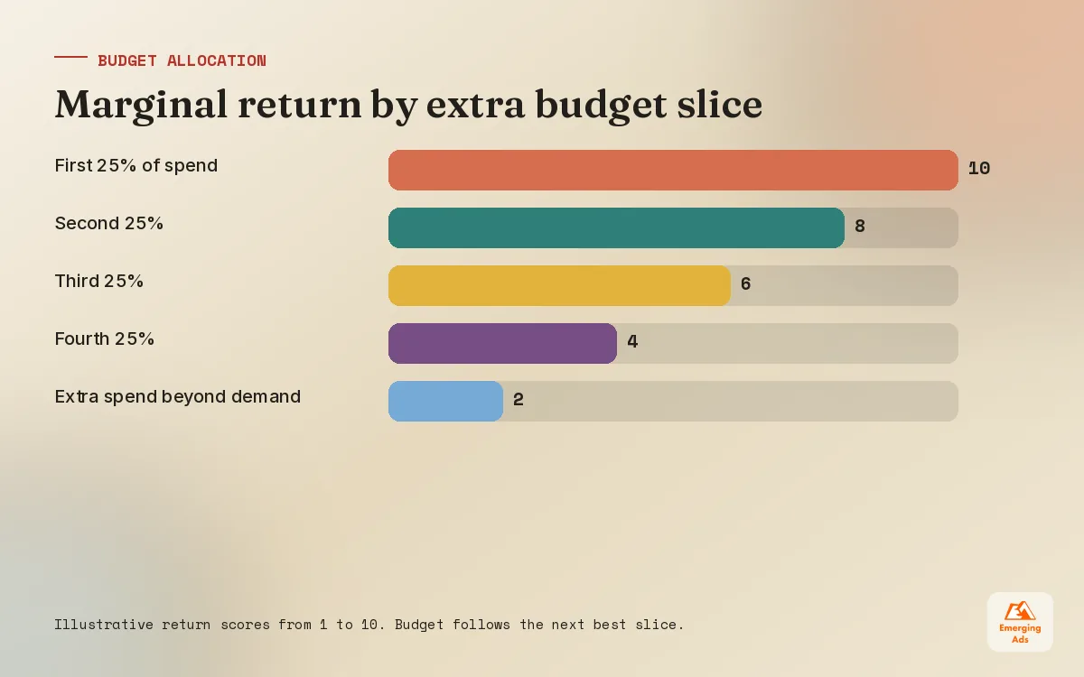 Bar chart showing illustrative marginal return by budget slice to explain PPC budget allocation