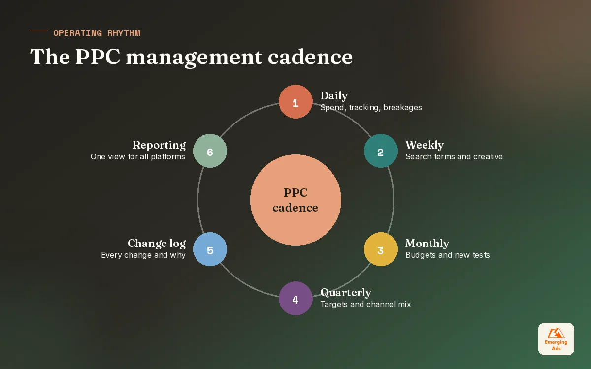 Wheel diagram of the PPC management cadence from daily checks to quarterly strategy reviews