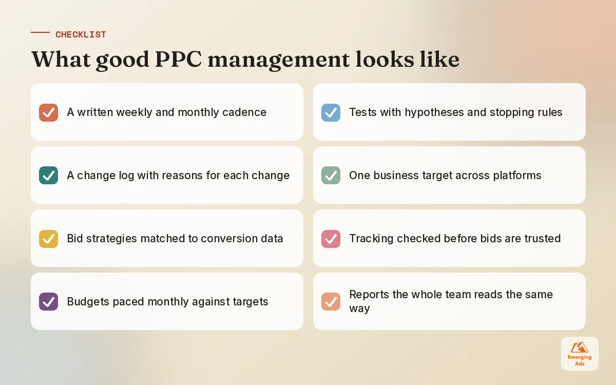 Checklist of what to ask whoever runs your PPC management, from cadence to change log and testing history