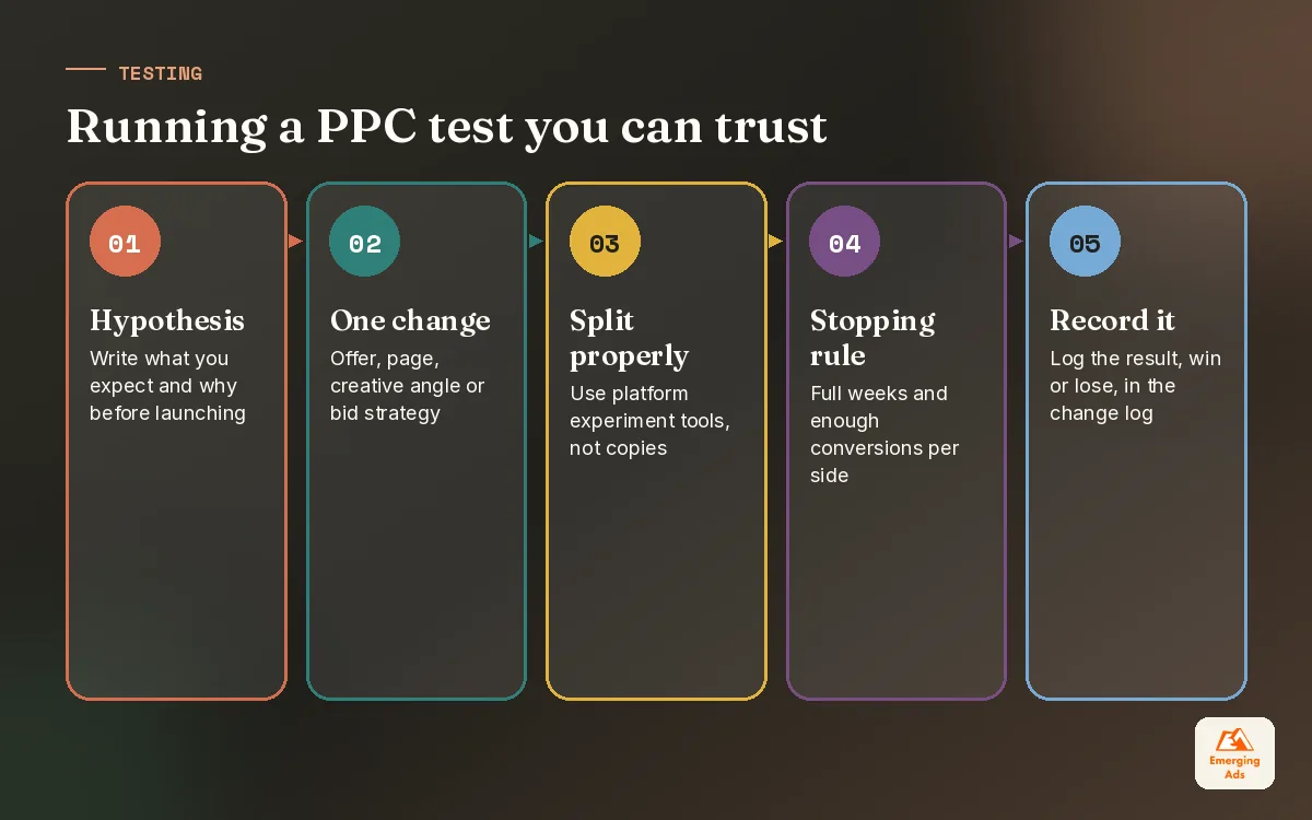 Step by step PPC testing process from hypothesis to recorded result